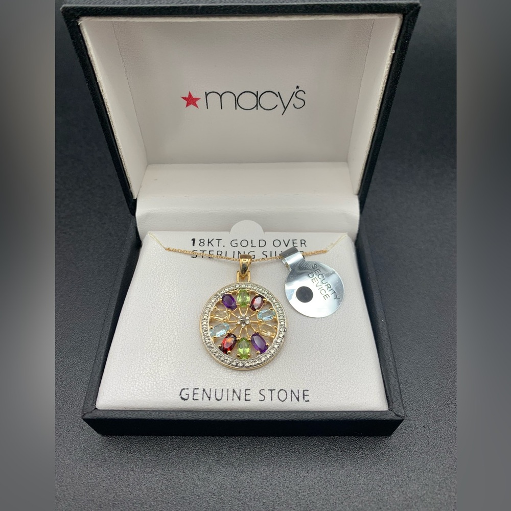 Macys Multi-Gemstone Circle Pendant Necklace 18k … - image 1